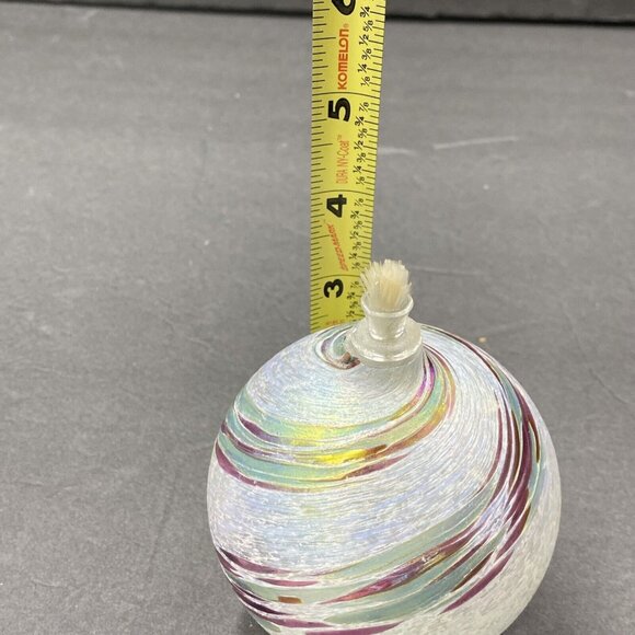 Art Glass Hand Blown Oil Lamp Round White Iridescent Green Pink Swirl w Wick - Picture 9 of 9